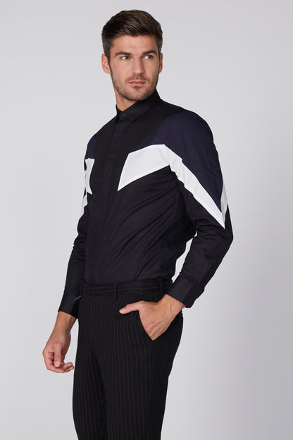 Black men's button-up jacket with white geometric panels, long sleeves