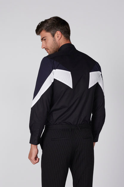 Black men's button-up jacket, side view with white geometric paneling