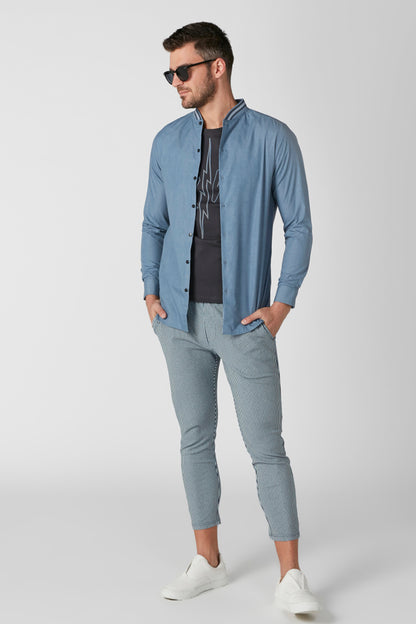 Men's blue long-sleeve button-up shirt with collar and front buttons
