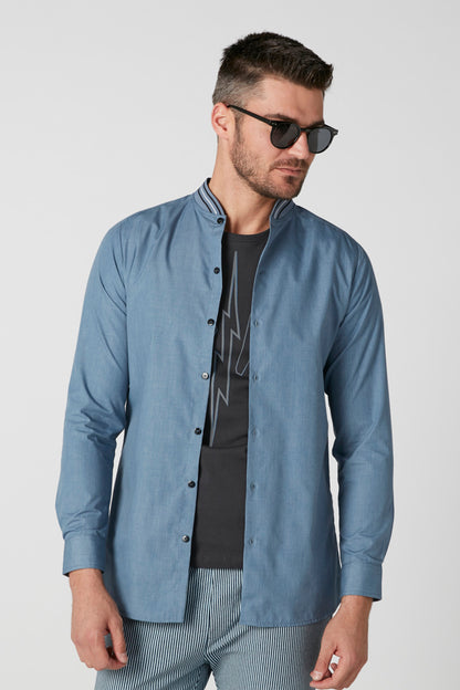 Men's blue long-sleeve button-up shirt, open collar, button front