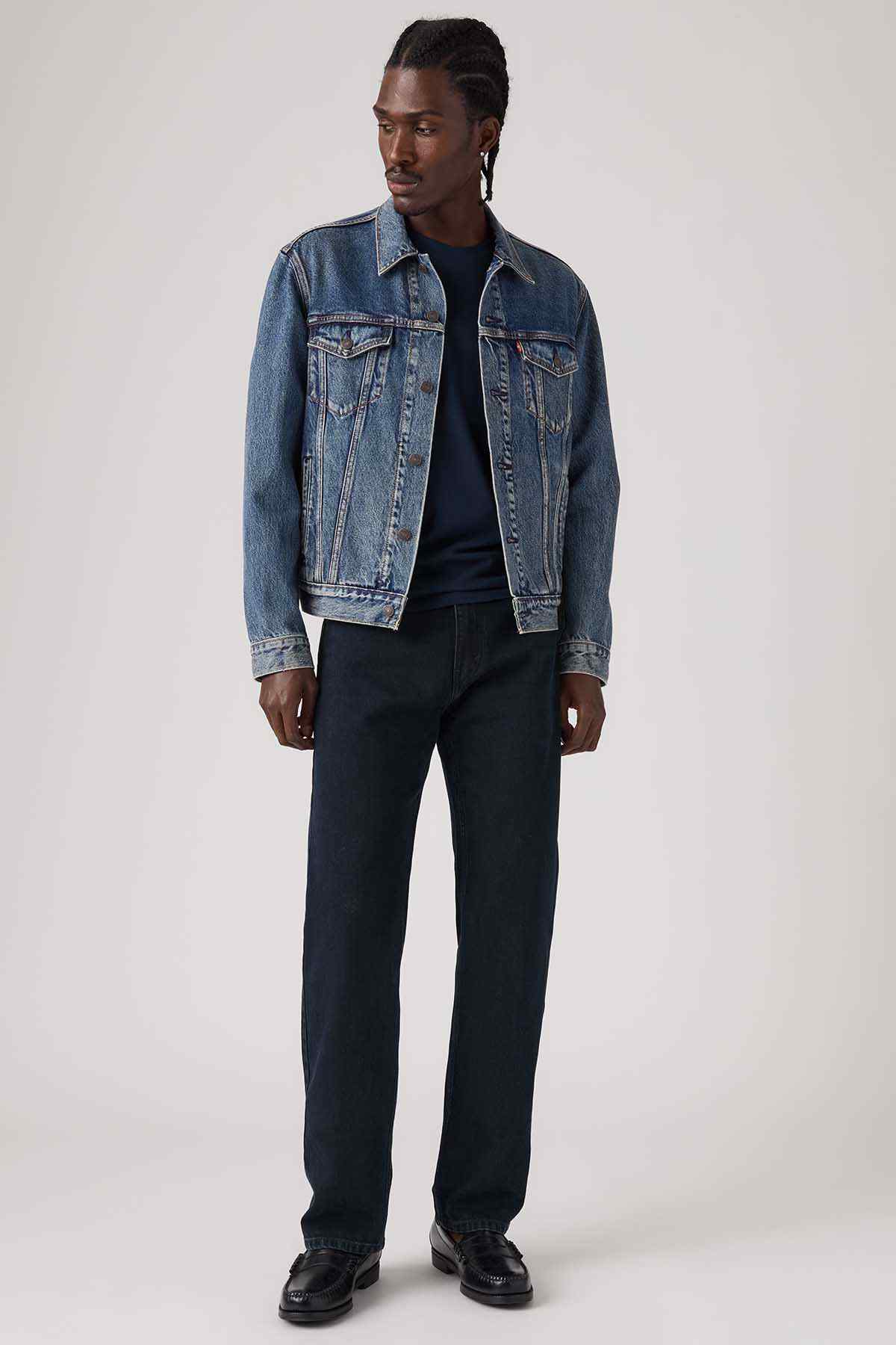 Levi's dark blue denim jeans, straight leg with front pockets and belt loops