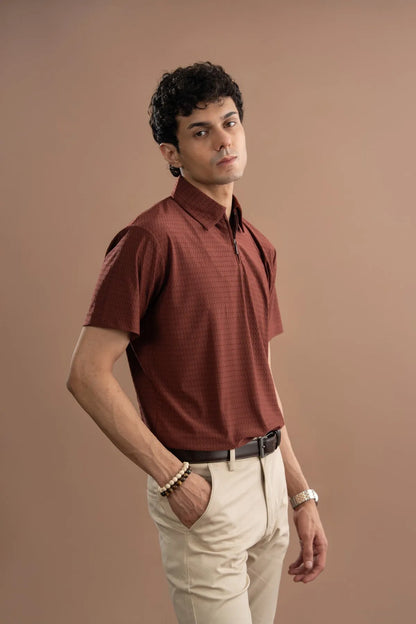 Maroon textured short-sleeve quarter-zip polo shirt with stand collar