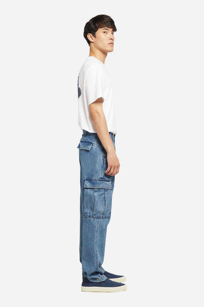 Medium indigo denim cargo pants with button-flap side pockets