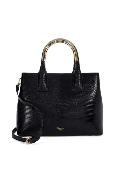 Black leather-look tote bag with gold top handles and shoulder strap