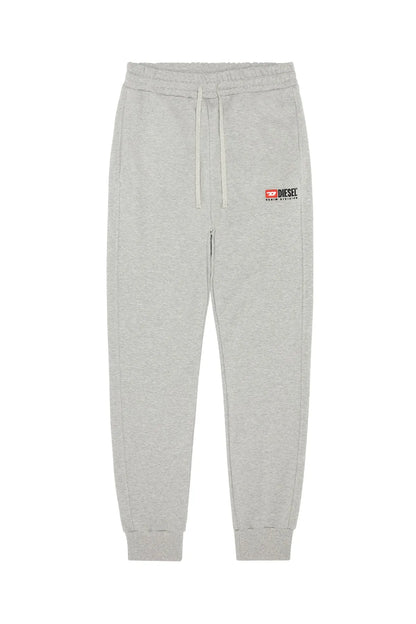 Grey sweatpants with front drawstring, elastic cuffs, and small logo