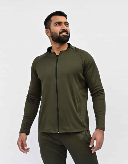 Bodybrics men's olive zip-up jacket and matching pants set, full-body front view