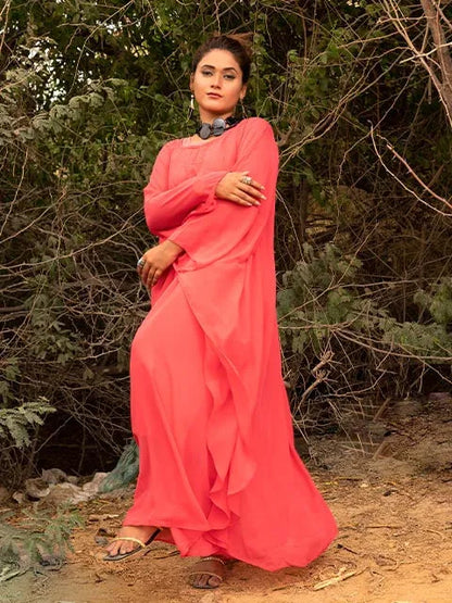 Nazmina coral-pink flowing kaftan dress with loose sleeves and curved hem