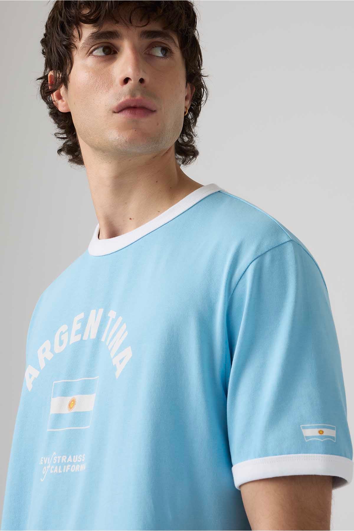Sky blue crew-neck T-shirt with chest print and white-trim collar