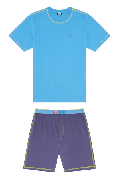 Kids blue T-shirt and purple shorts set, yellow-trim hem, small chest logo