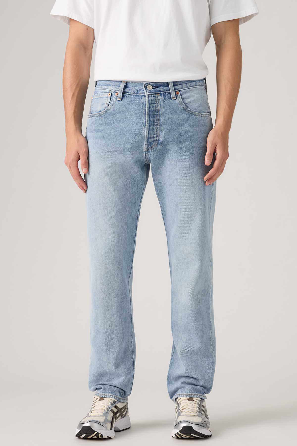 Levi's light indigo straight-leg jeans with button fly, front pockets, and belt loops