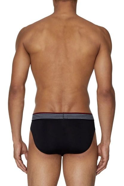 Diesel men's black brief underwear with striped waistband logo, back view
