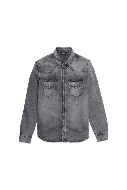 Diesel men's dark grey denim shirt, button-up front, chest flap pockets