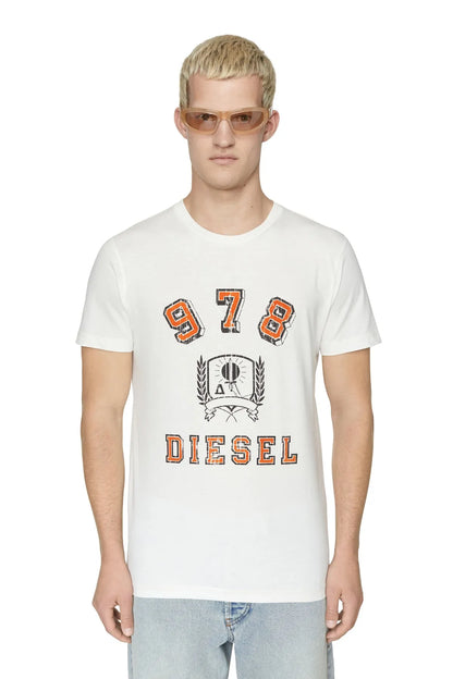 White crewneck T-shirt with '1978' number graphic and orange 'DIESEL' print
