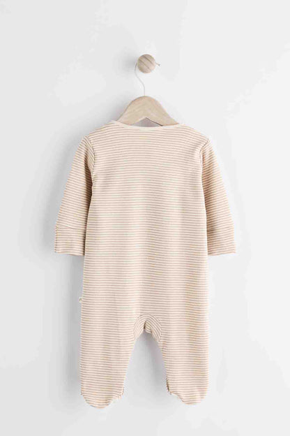Baby long-sleeve footed romper in pale striped knit, open buttons at front