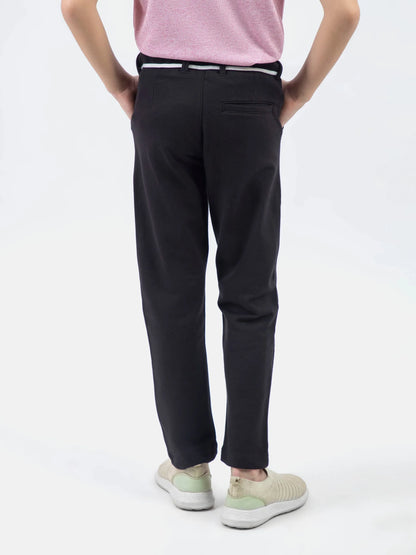Black pants back view with belt loops and stitched pockets