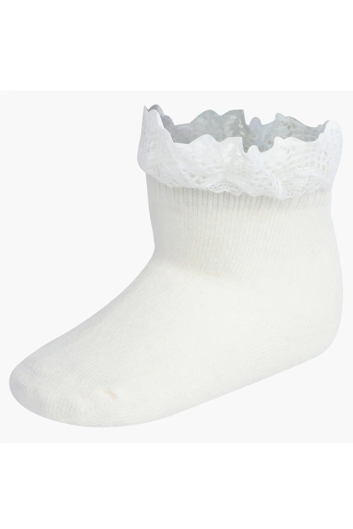 Off-white knit baby socks with ruffled lace cuff, ankle length