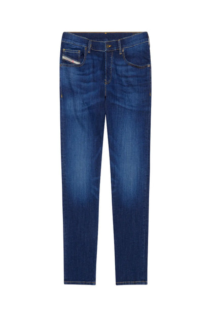 Blue denim jeans front view with straight fit, button closure, and front pockets