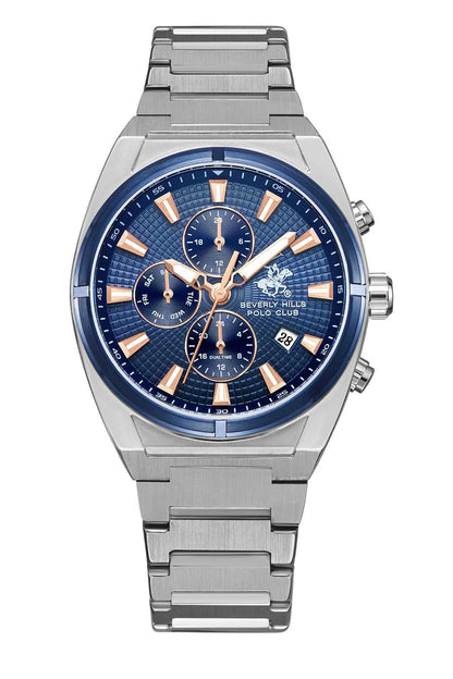 Silver metal chronograph watch with blue dial, three subdials, and metal link bracelet