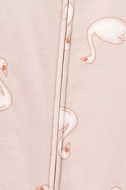 Carter's flamingo print baby sleeper fabric closeup with front zipper seam