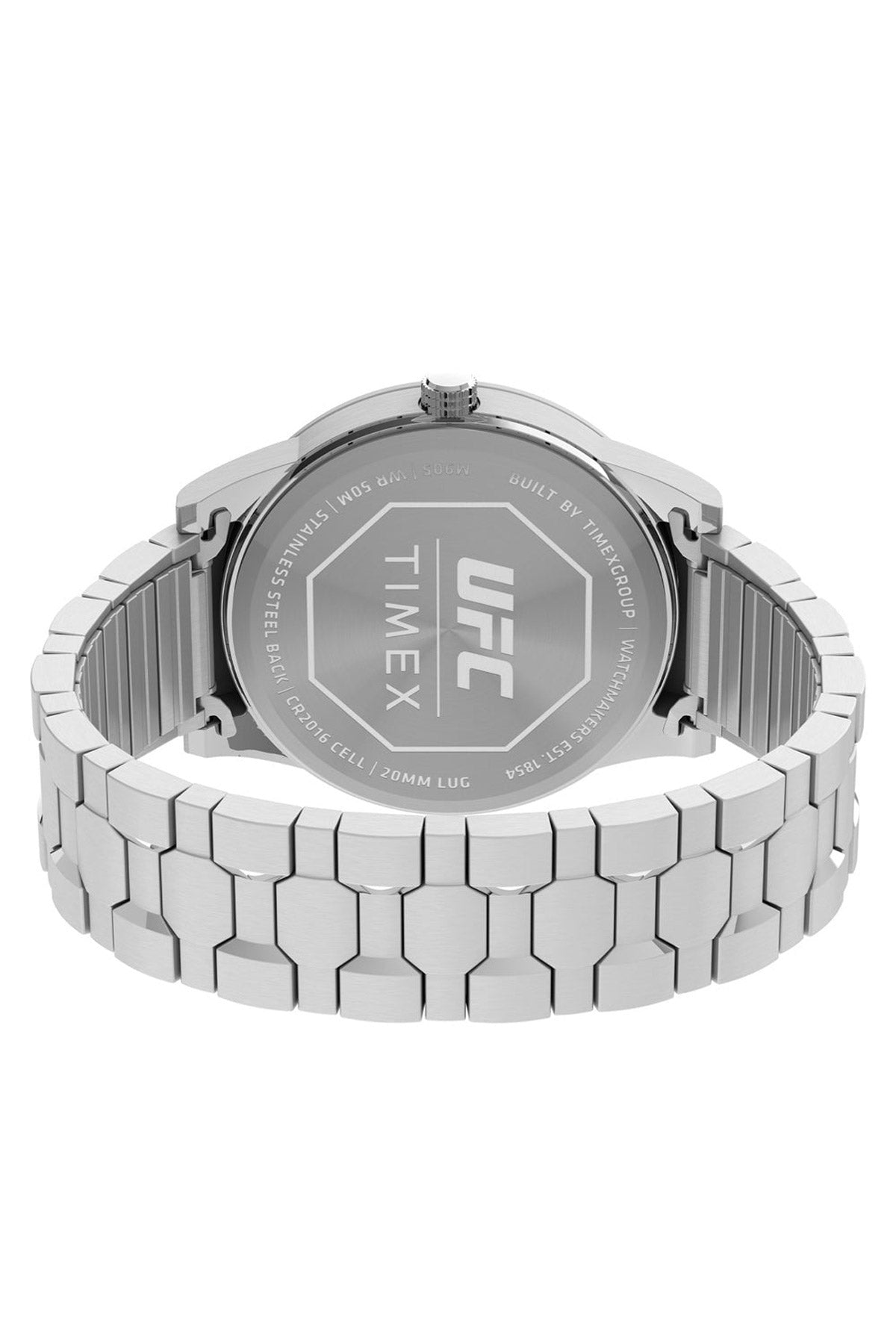 Silver tone watch caseback with UFC logo, linked metal bracelet