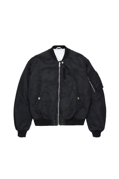 Diesel black bomber jacket with stand collar, front zipper, snap pockets, sleeve pocket