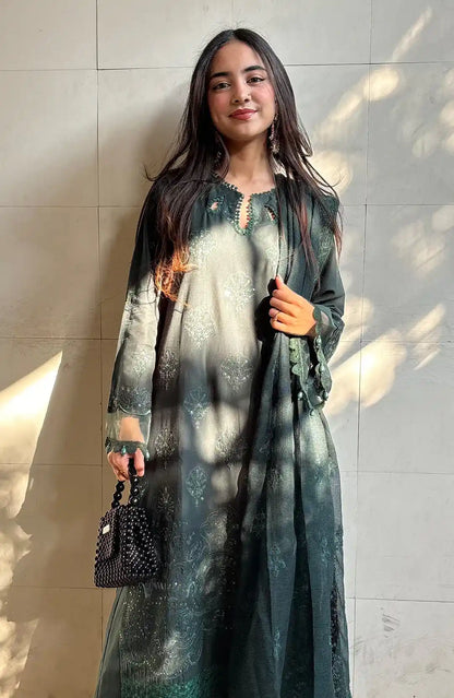 Bottle green long embroidered kurta with V-neck and button placket, sheer sleeves