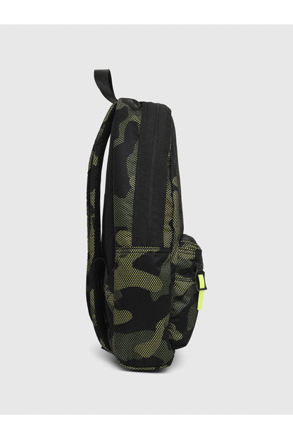 Diesel green camo backpack, side view with top loop and adjustable shoulder straps