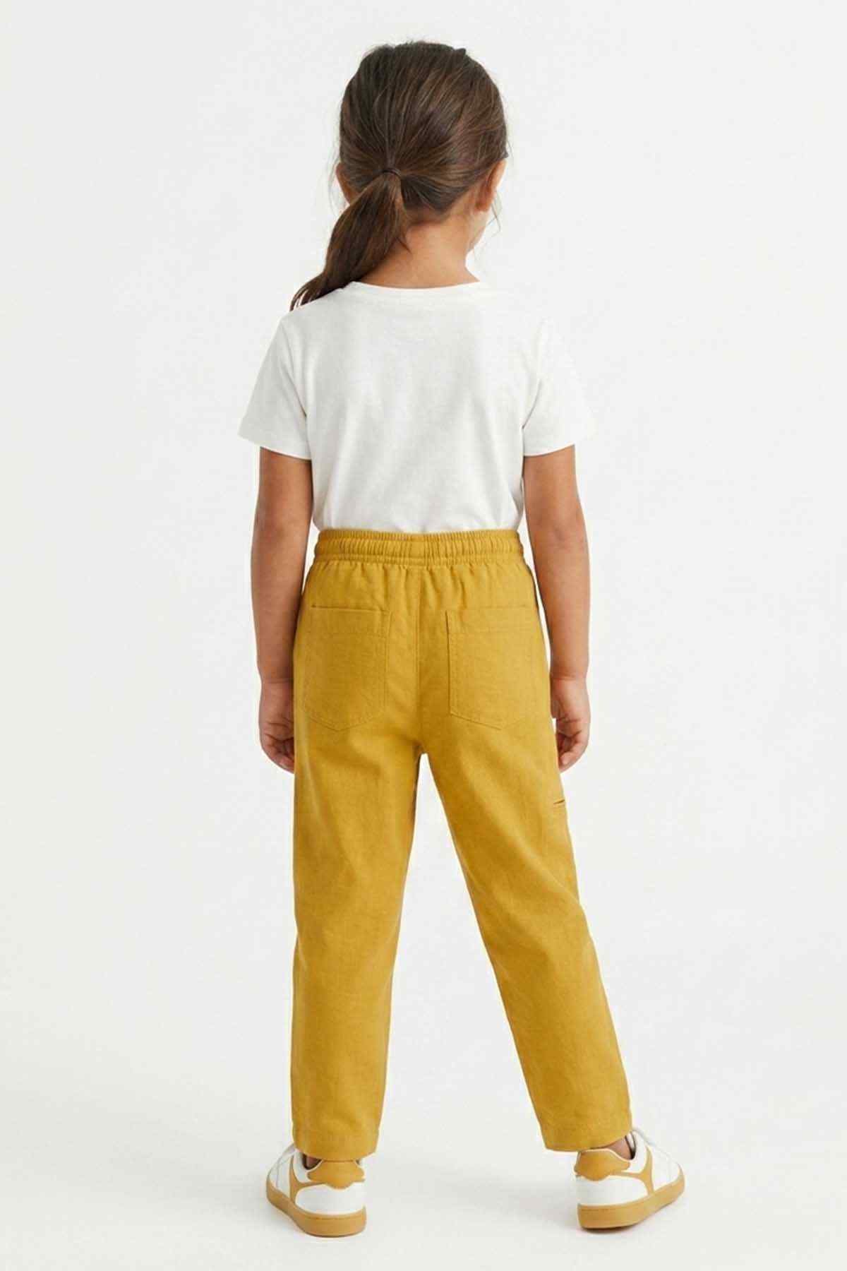Kids' yellow pants, back view, elastic waist with drawstring and pockets