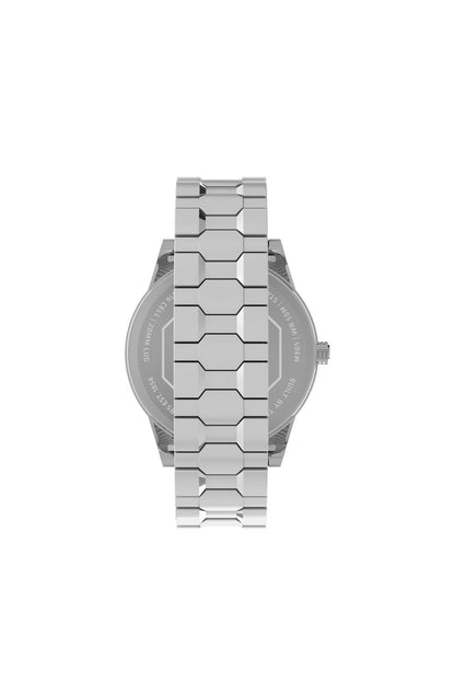 Silver tone metal wristwatch with linked bracelet, round case profile