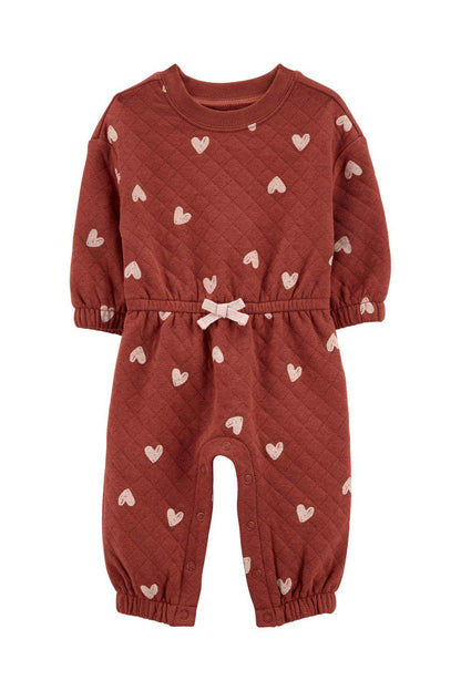 Quilted baby romper in dark brown with heart print, long sleeves, and elastic cuffs