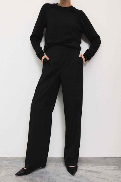 Black crew-neck long-sleeve top and wide-leg pants set