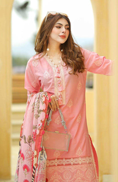 Rose pink embroidered tunic dress with beaded placket and pearl drop earrings
