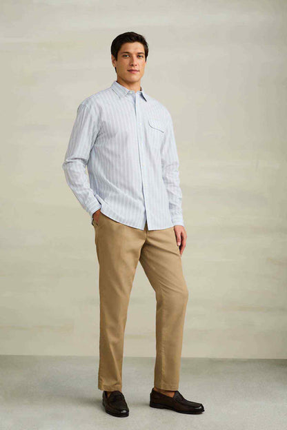 Men's stone chino trousers with button-front and belt loops