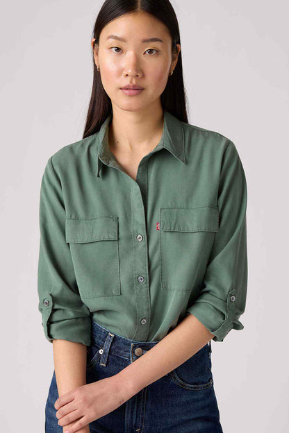 Levi's green button-up shirt with front button placket and two chest pockets