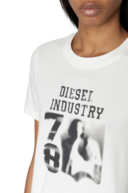 Off-white crewneck T-shirt front detail showing 'Diesel Industry 78' graphic print.