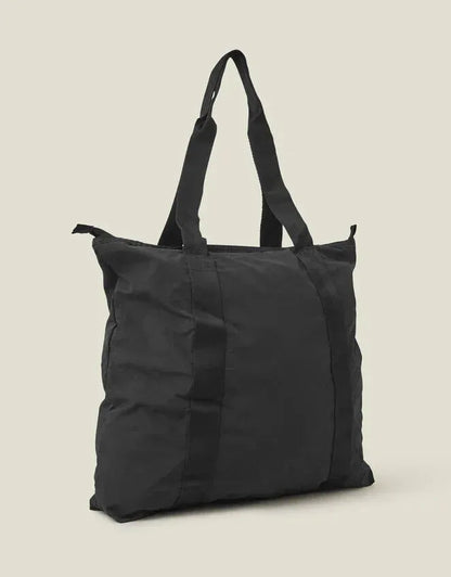 Black large tote bag with top handles and crinkled, lightweight fabric