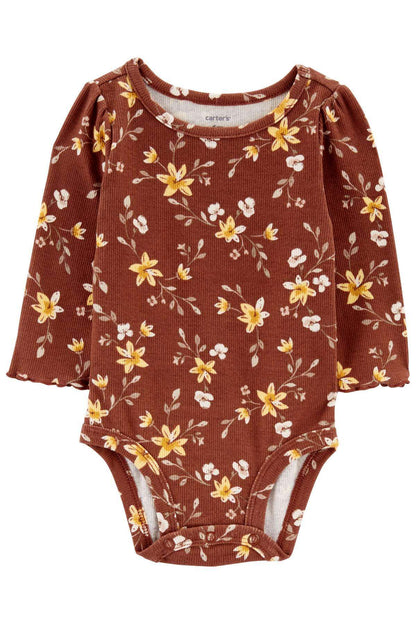 Carter's floral long-sleeve bodysuit, brown knit with white and yellow flowers
