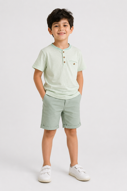 Light green boys henley T-shirt and matching shorts set, front view