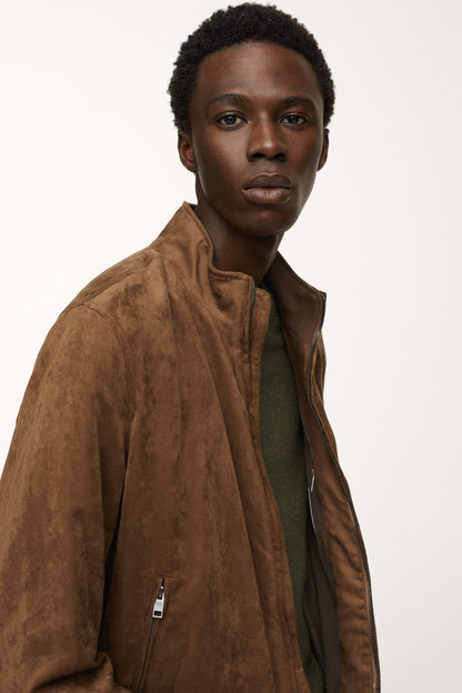 Mango medium-brown suede zip jacket with stand collar and zip pockets