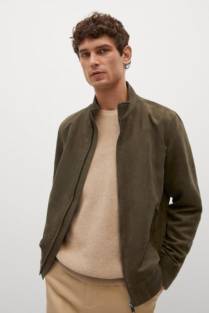 Khaki zip-front bomber jacket with stand collar and zip pockets