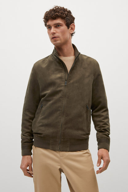 Khaki zip-up bomber jacket with stand collar and front zipper