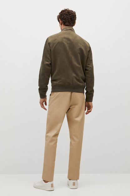 Khaki zip-front bomber jacket, rear view, ribbed cuffs and hem