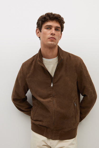 Cognac-brown zip-front suede jacket with stand collar and side pockets