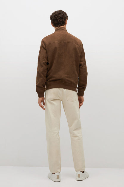 Cognac-brown suede jacket, back view, zip front and ribbed cuffs
