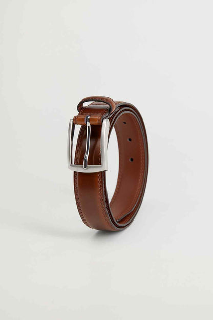 Brown leather belt, side view with prong and punched holes