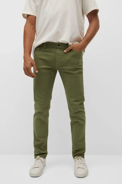 Khaki slim pants with zip fly, belt loops, and front pockets