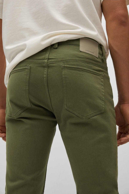 Khaki pants back view showing yoke seam and stitched back pockets