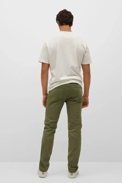 Khaki slim pants from behind with back pockets and belt loops
