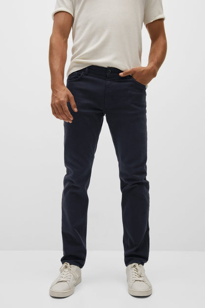 Dark navy jeans with front pockets and button closure