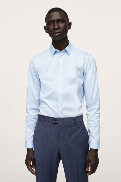 MANGO sky blue button-down dress shirt on model, front view, long sleeves